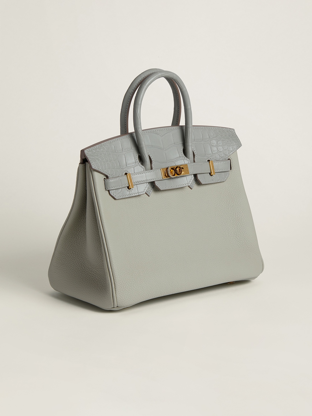 Hermes Touch Birkin 25CM Bag In Light Grey Togo and Matte Alligator Crocodile Leather